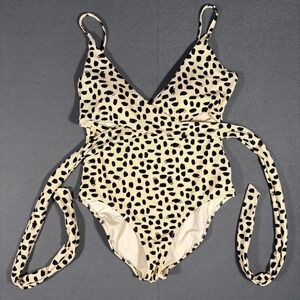 Aerie Pique Wrap One Piece Swimsuit Medium Cream/Black Polka Dot